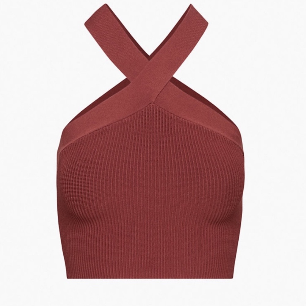 Aritzia Babaton Sculpt Knit Criss Cross Cropped Tank in Sun-dried Red